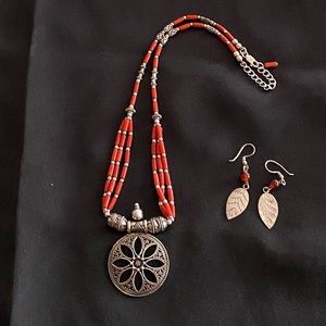 Sterling Silver and Coral Necklace and Earrings